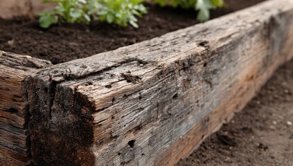 Aged Timber Beam Edge of Rustic Raised Garden Bed with Rich Soil and Green Sprouts.