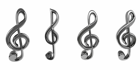 Fototapeta premium Four silver treble clef symbols displayed in a row on a white background