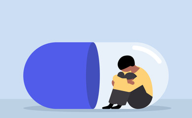 Man sitting inside capsule depressed, drug addiction illustration