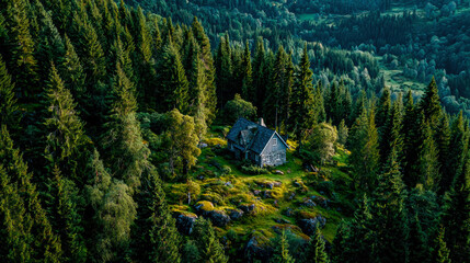 Aerial view of a secluded wooden house surrounded by dense green pine forest