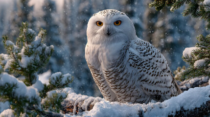 Fototapeta premium A snowy owl sits on a branch, overlooking a tranquil winter scene filled with snow and green pine trees