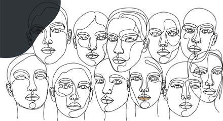Minimalist continuous line art portrait grouping featuring diverse female faces in abstract modern style