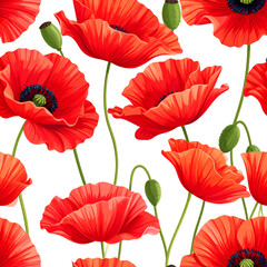 Fototapeta premium Vibrant Red Poppies: A captivating pattern of blooming red poppies, symbolizing remembrance, beauty, and resilience. Capturing the exquisite beauty and intricate detail of these delicate blossoms.