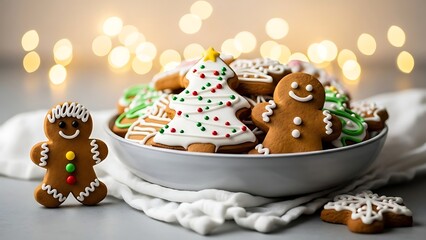 Festive gingerbread cookies with white icing and bokeh lights create a warm holiday baking atmosphere