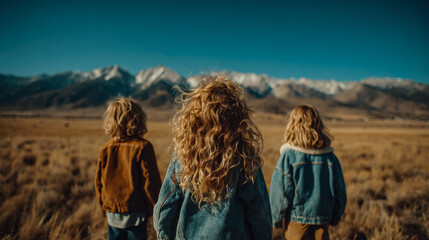Three children walking together across open field toward distant mountains