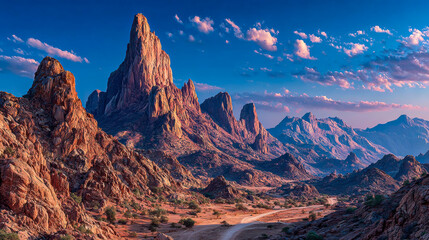 Dramatic desert mountain landscape with winding dirt road under vivid blue sky