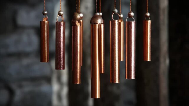 Hanging metal tubes create sounds and form an art piece in a dimly lit space with wooden walls and rustic elements