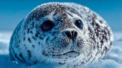 Leopard seal resting on ice with soft light and calm winter atmosphere