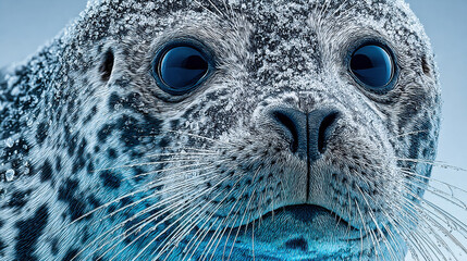 Front facing close up of leopard seal face with expressive eyes and icy texture