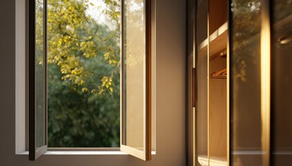 Golden Morning Sunbeams Through Open Window Framing Lush Green Trees and Cozy Interior.