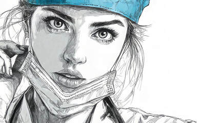 Artistic pencil sketch of a female doctor or nurse wearing a surgical mask. Perfect for medical health blogs, nursing education sites, hospital recruitment pages, and pandemic awareness