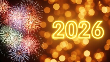 celebratory fireworks illuminate the glowing neon numbers announcing the arrival of the year 2026