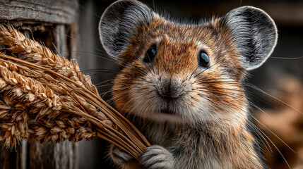 Front view portrait of rodent holding dried plants in rustic environment