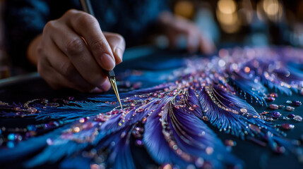Hand painting detailed feather pattern with brush and shimmering textures
