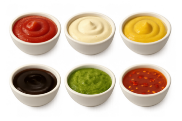 Various colorful condiments for dipping, cooking, and flavoring food, showcasing different tastes and culinary options