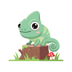 Fototapeta premium Cute green baby chameleon sitting on a tree stump with a mushroom