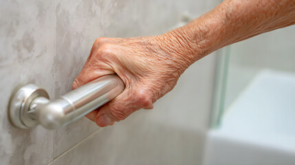 Close-up on a senior's hand gripping a metal grab bar in a bathroom setting. Wrinkled skin shows age, emphasizing safety and accessibility features for elderly and disabled individuals.
