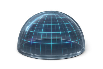 Futuristic transparent glass dome creating a blue energy shield or force field, offering protection and security