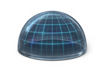 Futuristic transparent glass dome creating a blue energy shield or force field, offering protection and security