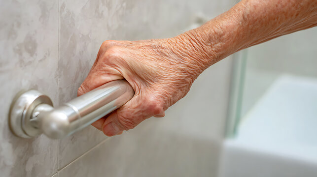 Close-up on a senior's hand gripping a metal grab bar in a bathroom setting. Wrinkled skin shows age, emphasizing safety and accessibility features for elderly and disabled individuals.