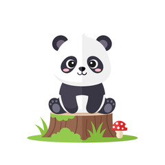 Obraz premium Cute baby panda sitting on a tree stump with a mushroom