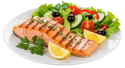 Grilled salmon fillet served with fresh vegetable salad isolated on transparent background