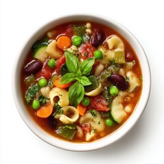Appetizing Minestrone Soup - Fresh Basil, Colorful Vegetables, Pasta, Hearty Italian Comfort, White Background.