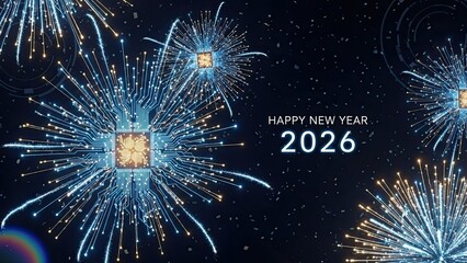 Vibrant fireworks exploding in night sky with happy new year 2026 text, celebration and festivity concept with blue and gold sparks