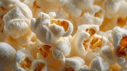 Fluffy and freshly popped golden popcorn kernels filling the frame with detailed texture and warm lighting perfect for a snack or movie night background