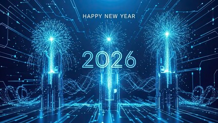 Happy new year 2026 celebration with blue fireworks and futuristic digital background