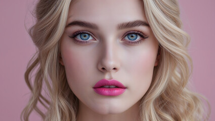 Close-up portrait young blonde woman face fair complexion blue eyes loose waves groomed eyebrows pink lipstick light pink background glamorous sensual generative AI