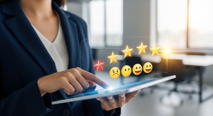 A young businesswoman in a digital office uses a touch screen tablet to manage social network icons and virtual communication for future financial success