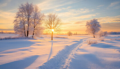 A tranquil winter scene unfolds as the sun rises over a vast, snowy landscape, casting a golden hue across the glistening snow. The serene beauty of the frozen expanse invites peac