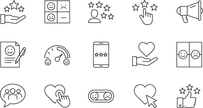 Customer feedback icon set featuring star ratings, satisfaction surveys, user reviews, testimonials, emotional sentiment analysis, marketing reputation, and service experience quality.