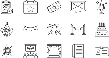 Comprehensive set of event planning icons including party celebrations, corporate seminars, live performance entertainment, hospitality services, birthday occasions, and professional coordination.