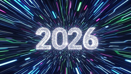 Glowing white 2026 text with radiant colorful streaks on dark background, futuristic technology concept with neon light trails