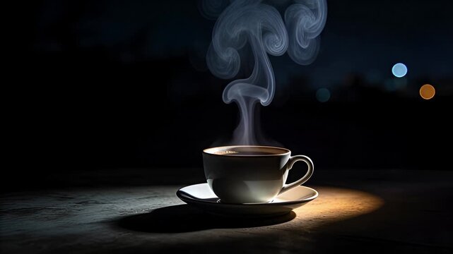 Steaming Hot Coffee Cup on Dark Background with Dramatic Lighting.