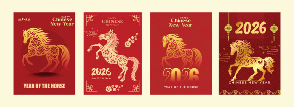 Happy Chinese new year 2026 poster vector set. Year of the horse zodiac template with lantern, horse, coin on red and gold background. Design for card, cover, social media, Happy New Year, ads.