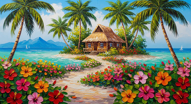 Tropical Beach Bungalow Oil Painting with Vibrant Flowers Wallpaper for mural wall art, invitation, poster, canvas print, wall decor painting