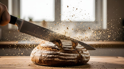 A hand slices into a rustic loaf of bread, sending crumbs dramatically flying in a bright kitchen.