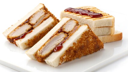 Premium Katsu Sando with Tonkatsu Sauce on a Pure White Background and transparent background