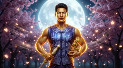 Cinematic Portrait of Phra Khun Paen Thai Warlord with Golden Skin and Sacred Kuman Thong Figurine