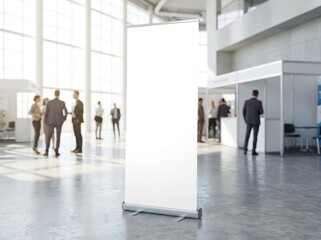 Empty banner display stand in bright modern business hall