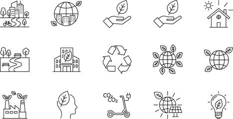 Obraz premium Comprehensive ecology icon set featuring green energy, sustainable city, recycling symbols, solar power, environmental protection, organic growth, and renewable technology.