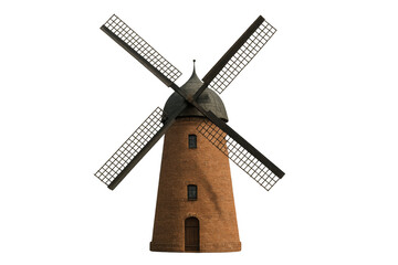 Obraz premium Traditional windmill with brick building, rotating blades, generating sustainable energy isolated on transparent background
