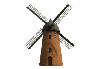 Traditional windmill with brick building, rotating blades, generating sustainable energy isolated on transparent background