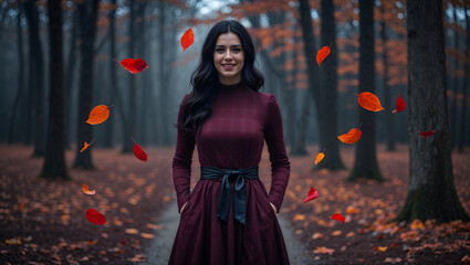 Woman standing forest long burgundy dress plaid black leather belt smiling dark hair fallen leaves foggy mysterious autumn wonder generative AI