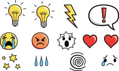 Collection of hand drawn cute cartoon characters with expressive faces representing various shapes and emotions on a white background