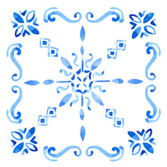 A hand-drawn watercolor blue square with a Mediterranean-style ornament. Blue and white title design in azulejo style use as print, decoration, postcard, element design, textile, package, fabric.
