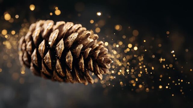 Pine cone floating in dark space with golden sparkles around it creating an enchanting scene during a festive season